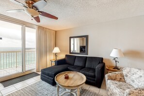 TV, DVD player, video library, stereo