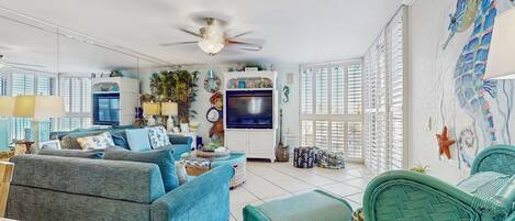 TV, DVD player, video library