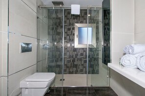 Dusche, Haartrockner, Handtücher, Shampoo