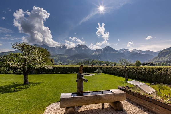 A wooden bench in a well-maintained garden with a view of mountains and a clear sky.