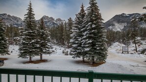 Paesaggio montano innevato con alberi sempreverdi e una strada che conduce a un segnale stradale.