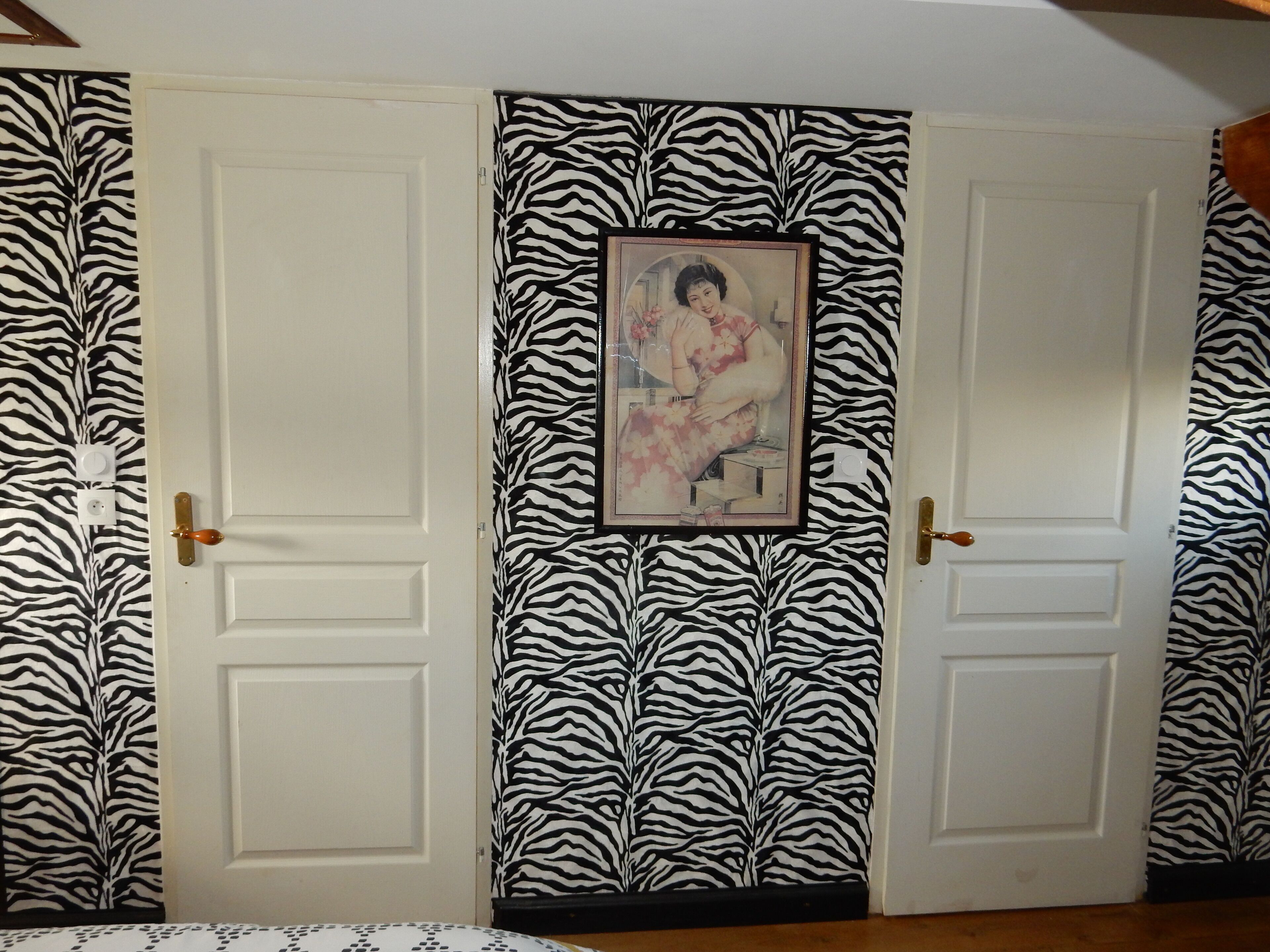 A room with two white doors, zebra-patterned wallpaper, and a framed picture on the wall.