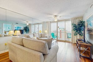 TV, DVD player, video library, stereo