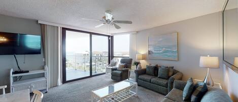 TV, DVD player, video library, stereo