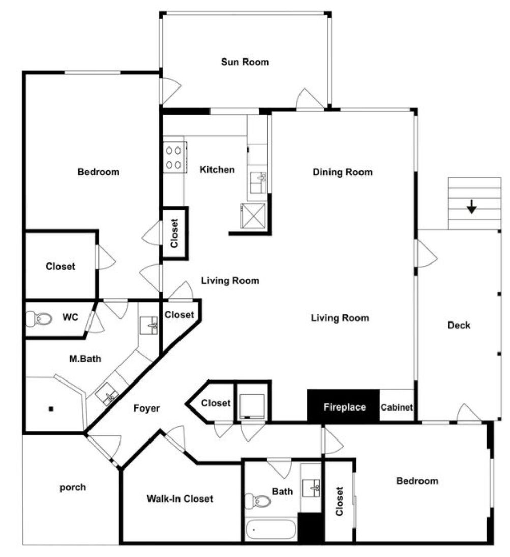 Un plan d’étage comprenant un solarium, une cuisine, une salle à manger, deux salons, deux chambres, une cheminée, une terrasse, un porche, un dressing, un hall d’entrée, une salle de bain et des toilettes.
