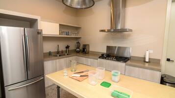 Fridge, microwave, coffee/tea maker, toaster