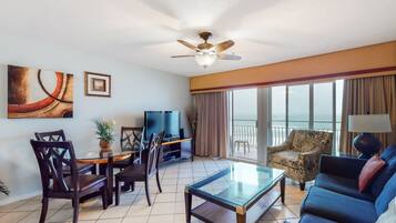 Flat-screen TV, DVD player, video library, stereo