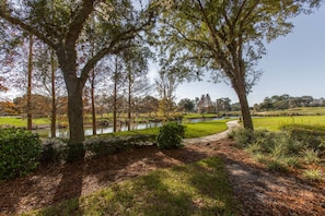 A park with a pond, trees, and a walking path.
