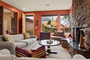 TV, fireplace, video games, DVD player