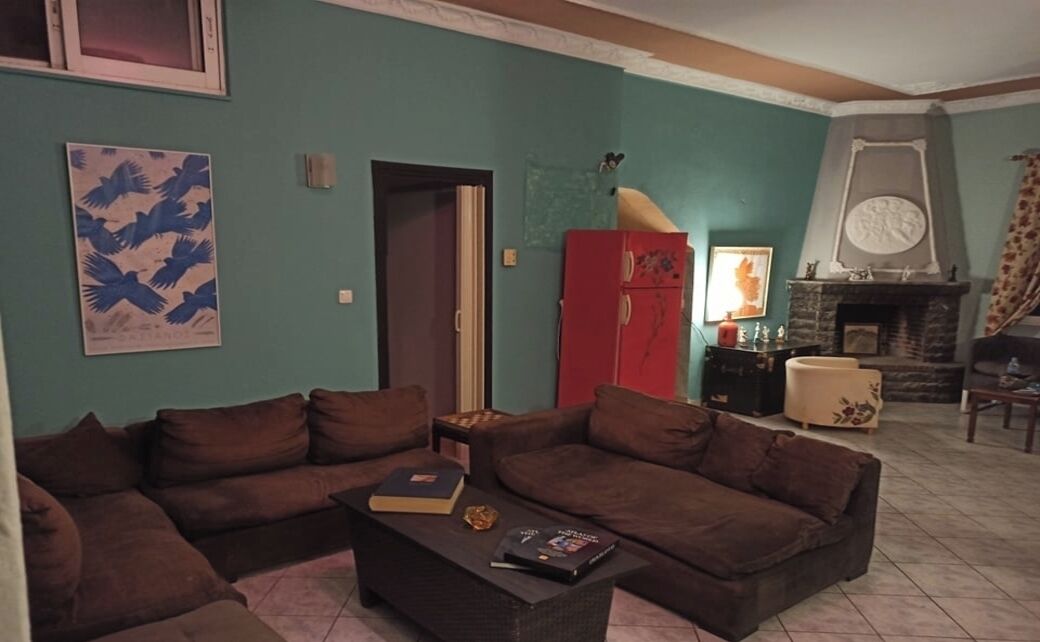 TV, fireplace, books