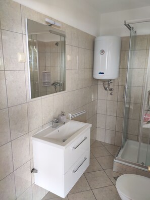 Shower, hair dryer, towels, toilet paper