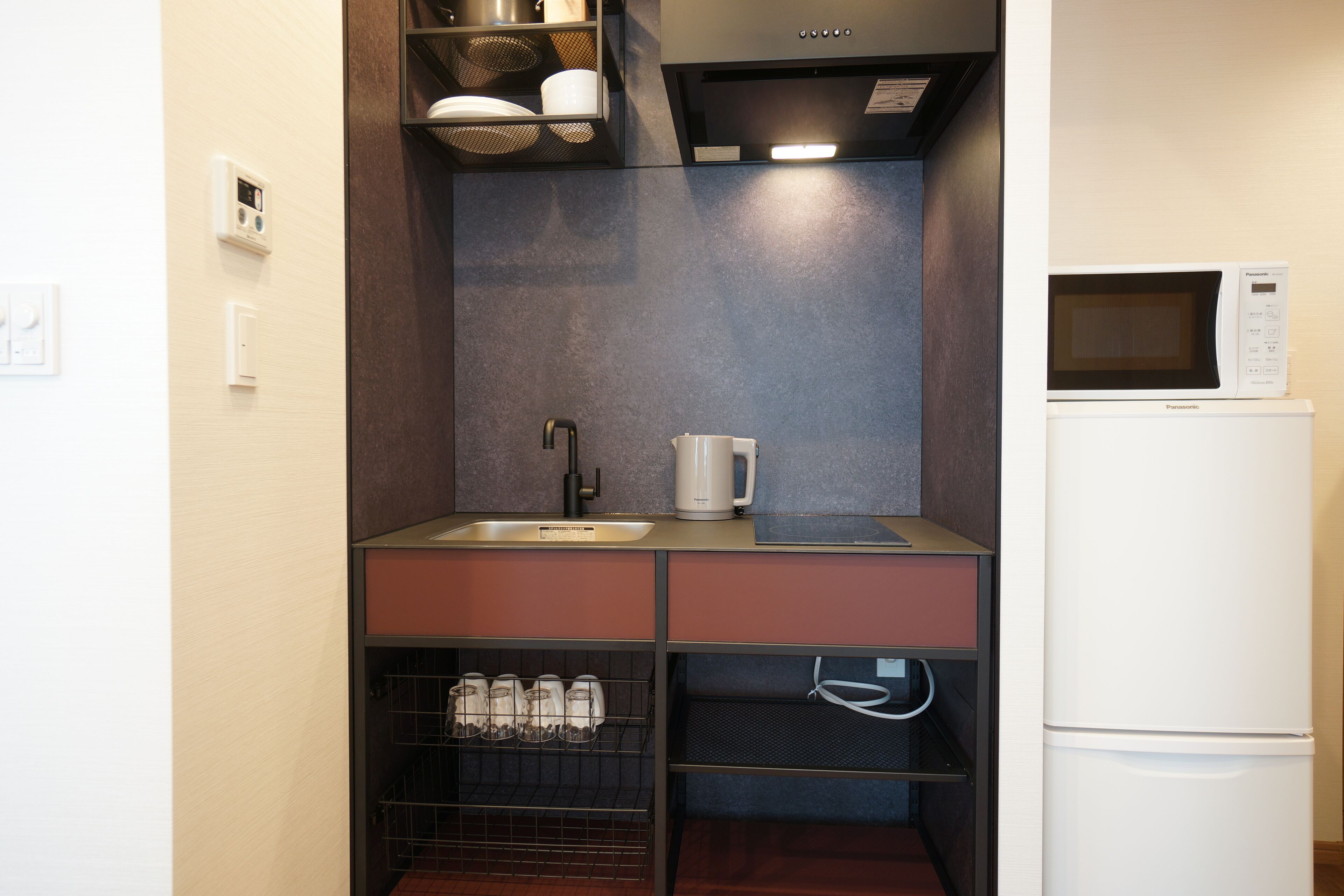 fridge, microwave, electric kettle, griddle