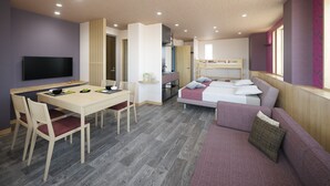 A modern, well-lit room with a dining area, bunk beds, and a sofa. - WIRES HOTEL James zaka (Tokyo)