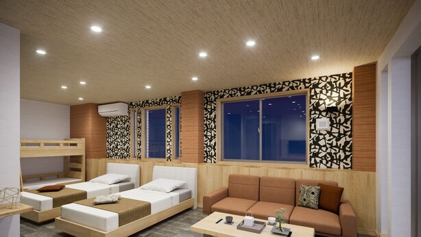 A modern room with bunk beds, a sofa, and a coffee table. - WIRES HOTEL James zaka (Tokyo)
