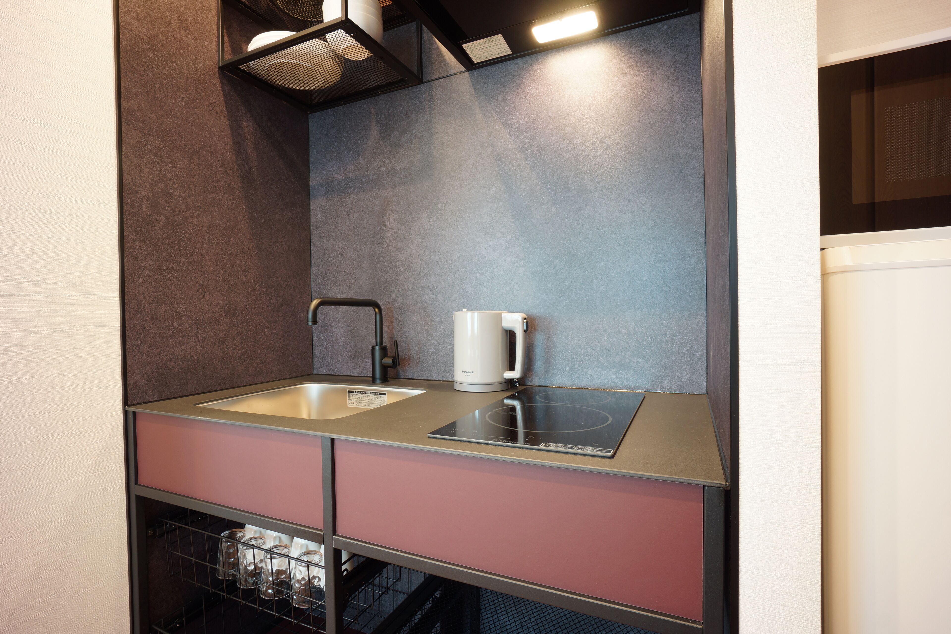 fridge, microwave, electric kettle, griddle