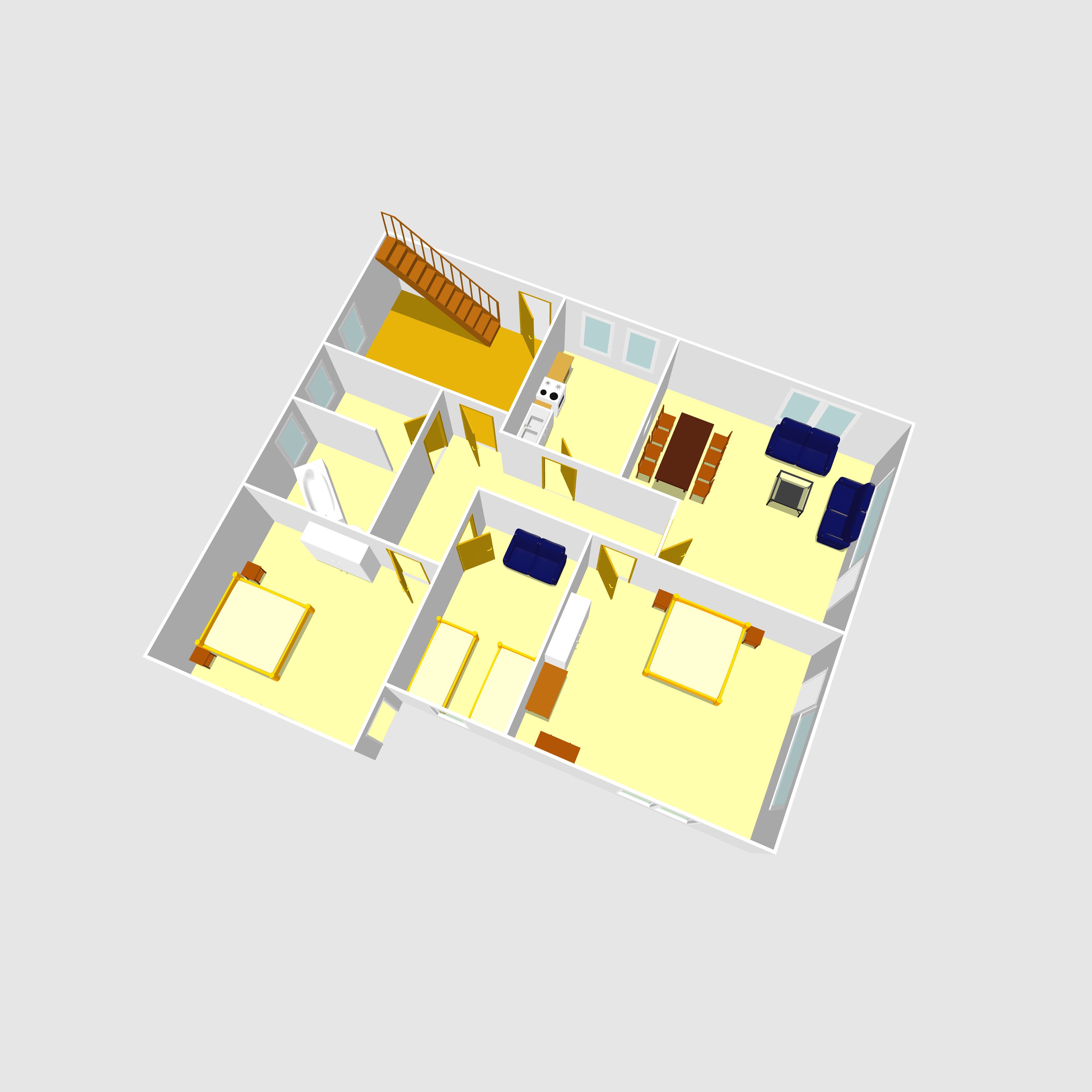 Un plano de planta en 3D de un hotel con varias habitaciones, una escalera y un baño.