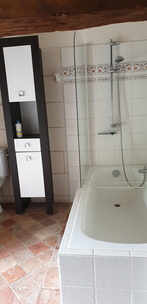 Combined shower/tub, hair dryer