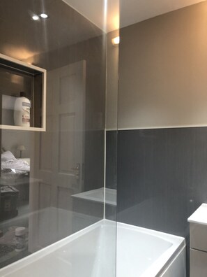 Combined shower/tub, hair dryer, towels