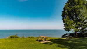 Une zone herbeuse avec une table de pique-nique et des bancs, située près d’un plan d’eau.