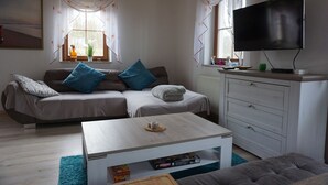 Un salon avec un canapé, une table basse, un téléviseur et une fenêtre avec des rideaux.