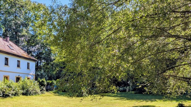 Un espace extérieur verdoyant avec deux chaises en métal et un bâtiment blanc en arrière-plan.