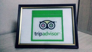 Un logotipo de TripAdvisor enmarcado en una pared.