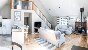 Smart TV, fireplace, books