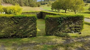 A rural landscape with neatly trimmed hedges, a winding path, and a distant view of a house on a hill.