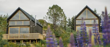 Two modern cabins with large windows, wooden decks, and surrounded by natural vegetation.