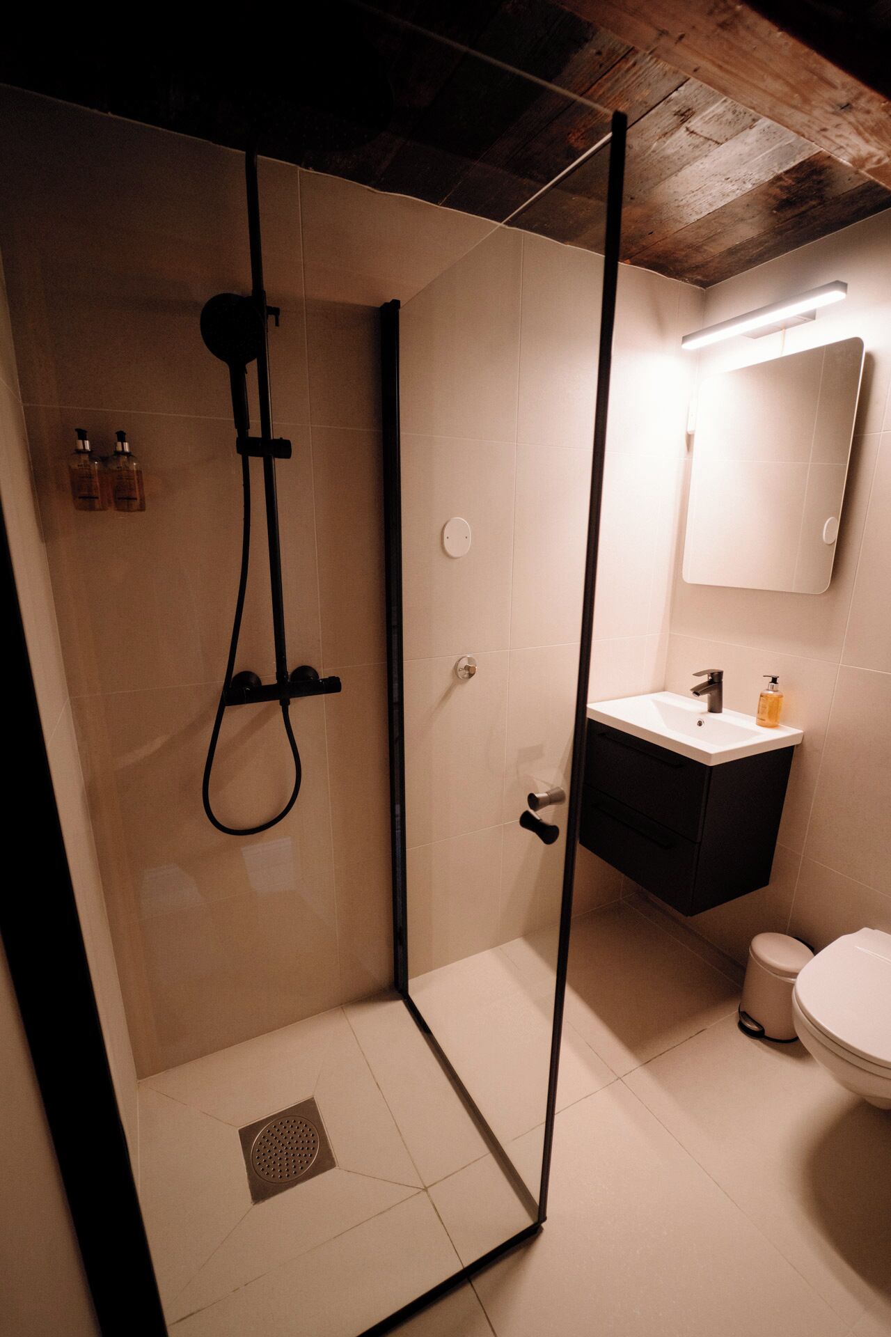 Une salle de bain moderne avec une douche à parois de verre, un lavabo avec un miroir au-dessus et des toilettes.