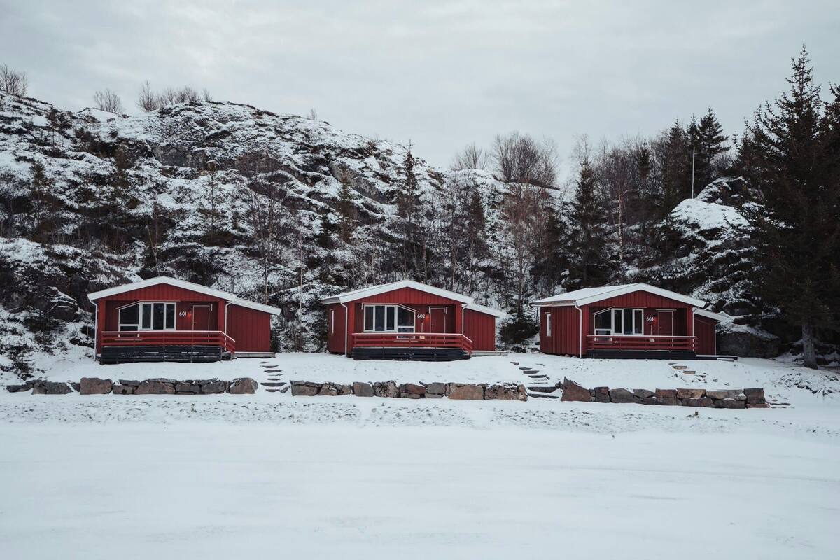 Three red cabins with numbered doors, set against a snowy backdrop with trees and a stone wall in the foreground.