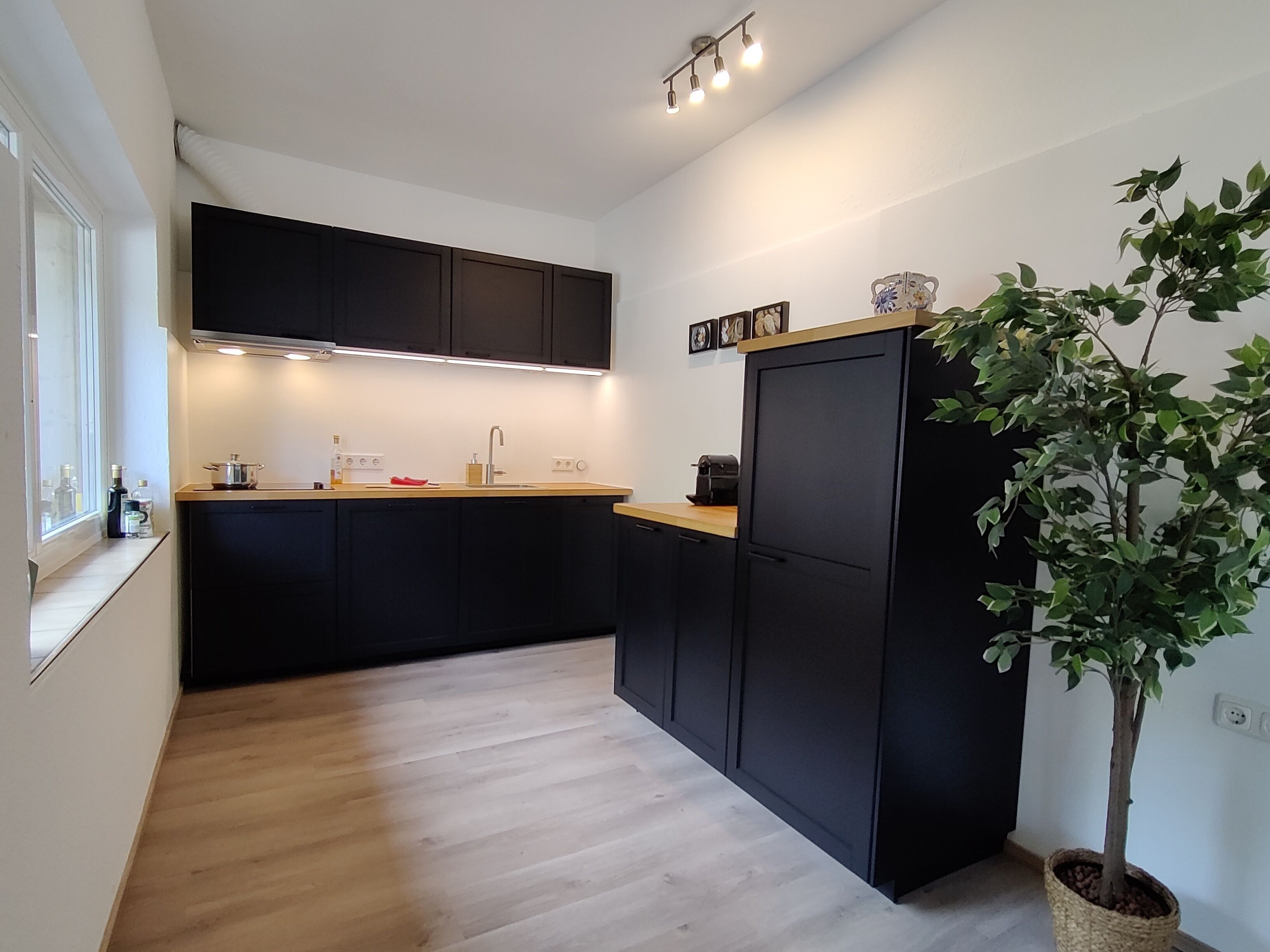 A modern kitchen with black cabinets, a wooden countertop, and a potted plant.