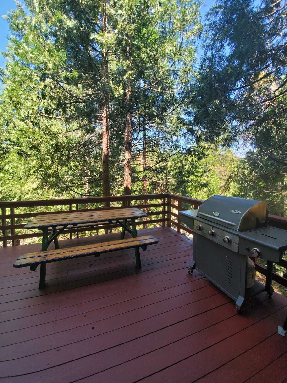 Una terraza de madera con una mesa de picnic y una parrilla.