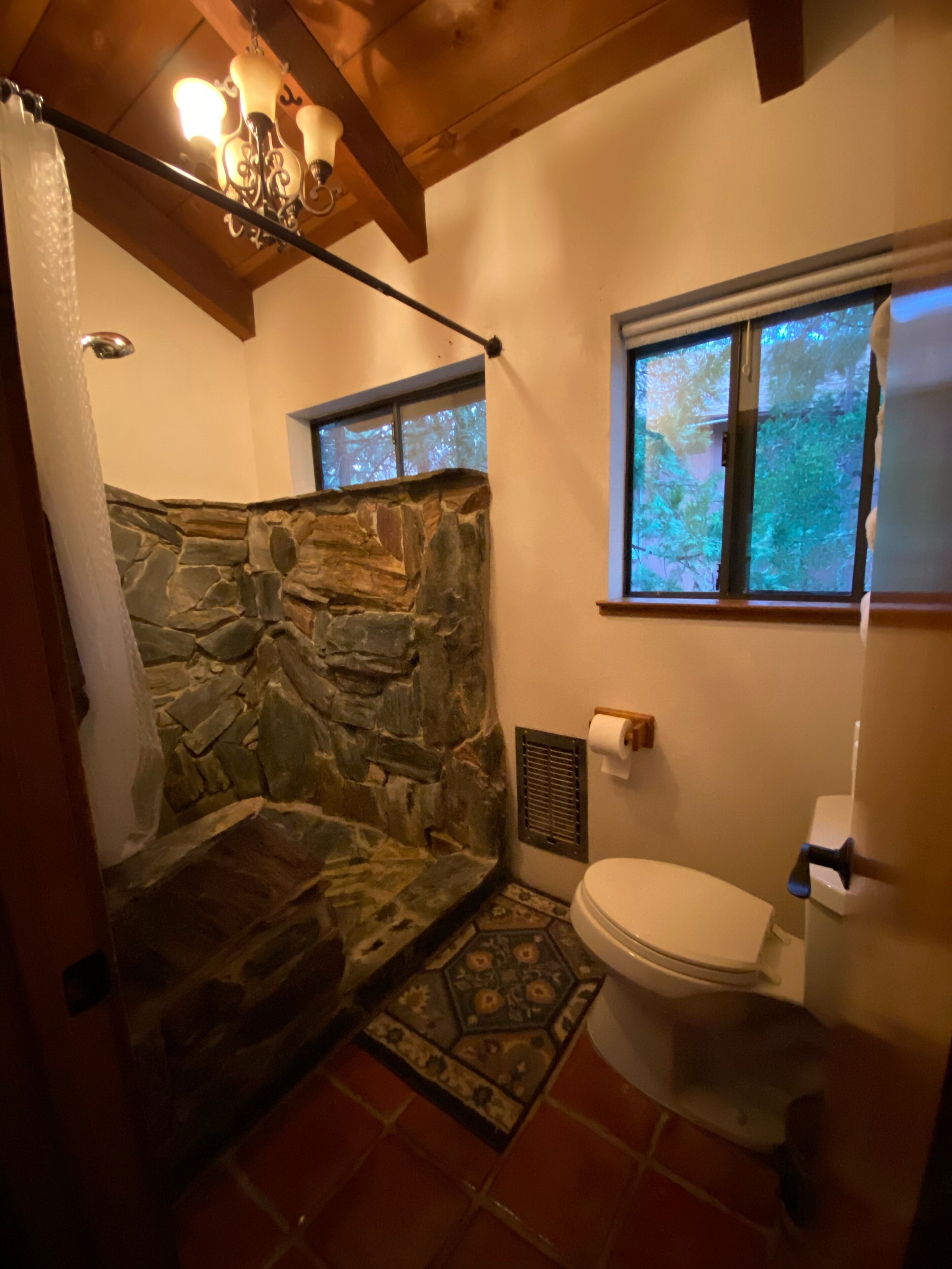 Une salle de bain avec une douche à l’italienne en pierre, des toilettes et une fenêtre donnant sur un espace verdoyant.