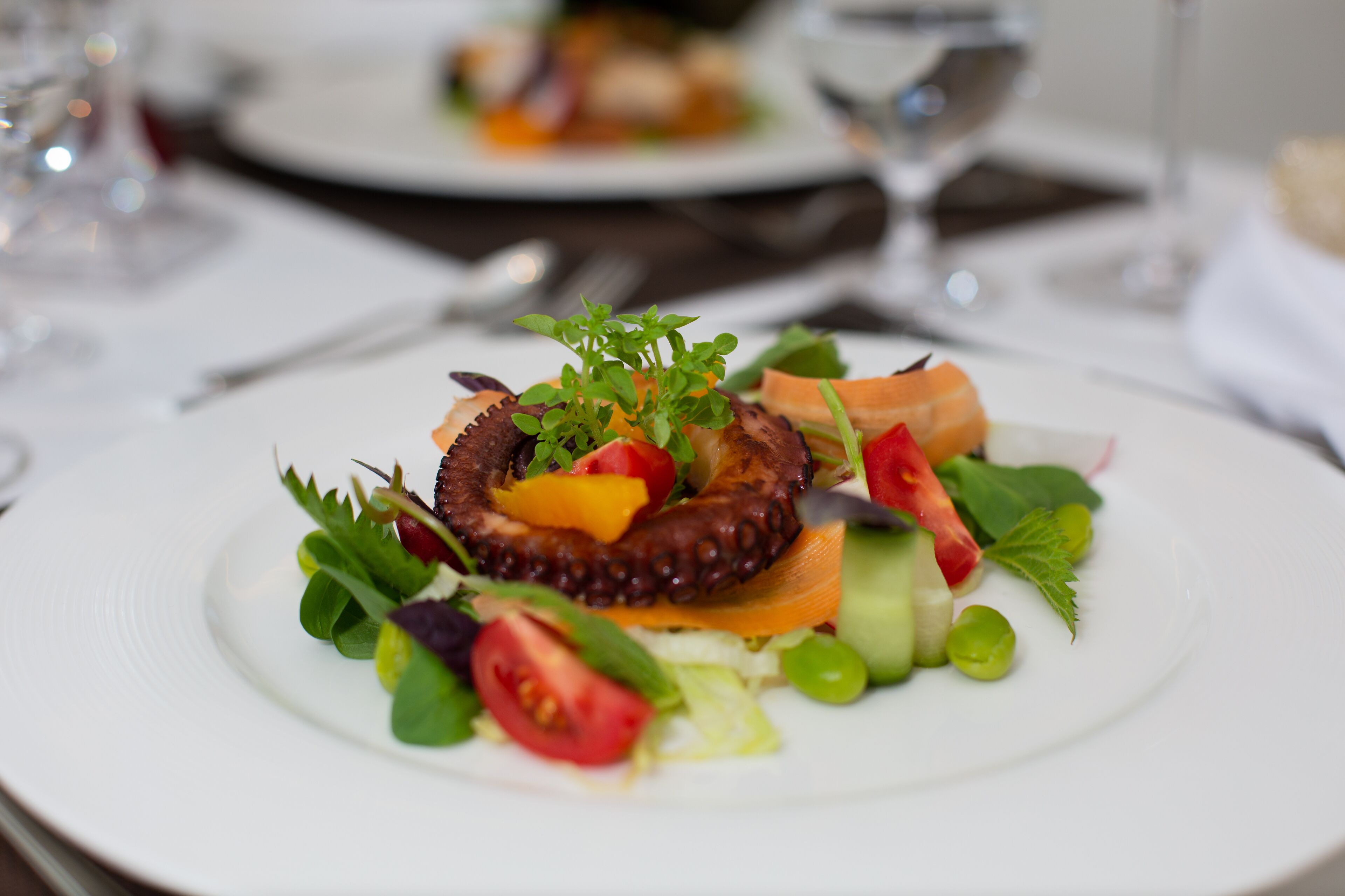 A plate of food with various vegetables and a piece of grilled octopus.