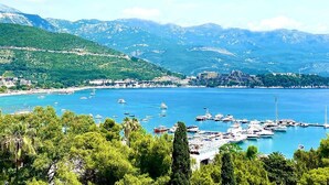 Une ville côtière où des bateaux sont amarrés le long du port, entourée de montagnes et de verdure.
