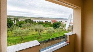 Un balcon donnant sur un paysage verdoyant, avec une antenne parabolique et une étendue d’eau visible au loin.