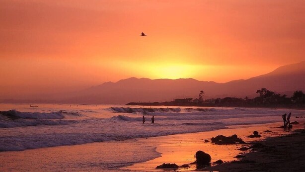 Ein Strand bei Sonnenuntergang mit Wellen, ein fliegender Vogel und Berge im Hintergrund.