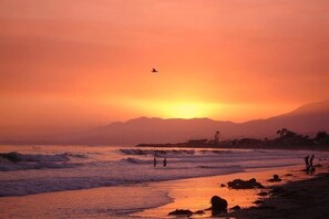 Ein Strand bei Sonnenuntergang mit Wellen, ein fliegender Vogel und Berge im Hintergrund.