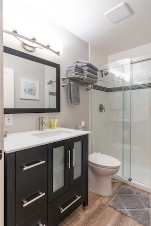 Shower, hair dryer, towels