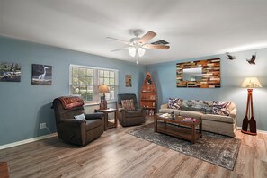 Smart TV, fireplace, books