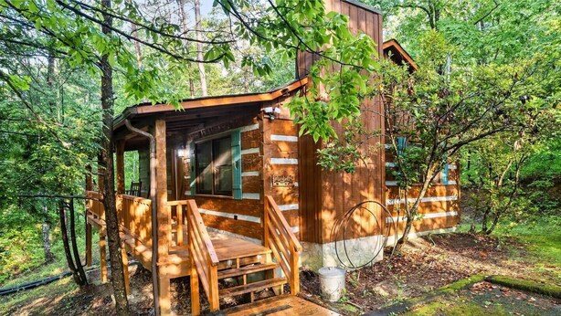 Un chalet rustique doté d’un porche en bois et d’une petite terrasse, entouré d’une forêt dense.