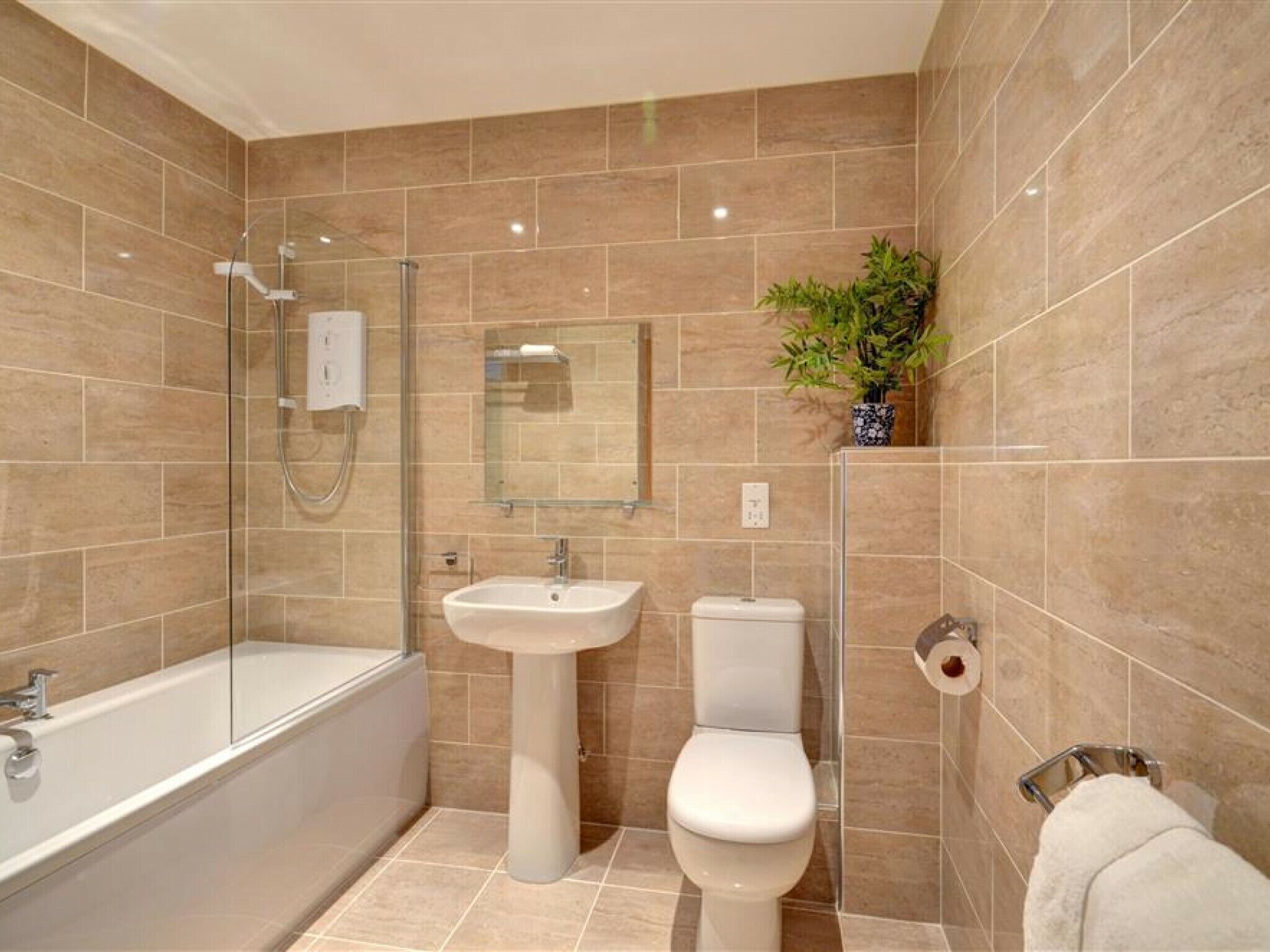 Combined shower/bathtub, towels