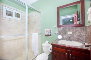 Hair dryer, towels, soap, shampoo