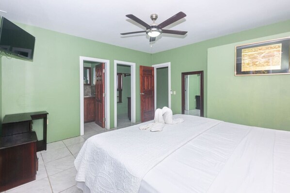 A bedroom with a bed, a ceiling fan, a TV, and a framed picture on the wall.