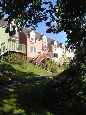 Une rangée de maisons de ville avec des porches à l’avant, une pente herbeuse et un chemin menant aux maisons.