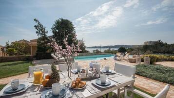 An outdoor dining area with a pool view, a table set with breakfast, and a clear sky.