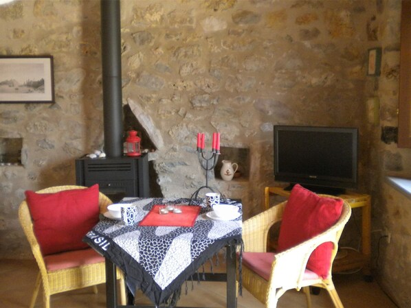 Una habitación acogedora con pared de piedra, chimenea, televisor y dos sillones de mimbre con cojines rojos.