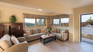 Villa | Living room | Fireplace, DVD player - Villa, Private Pool, Seaview, in Beautiful Medieval Town Maroulas, NW Coast (Rethymno)
