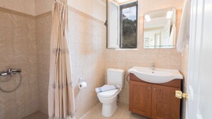 Villa | Bathroom | Combined shower/tub, hair dryer, towels - Villa, Private Pool, Seaview, in Beautiful Medieval Town Maroulas, NW Coast (Rethymno)
